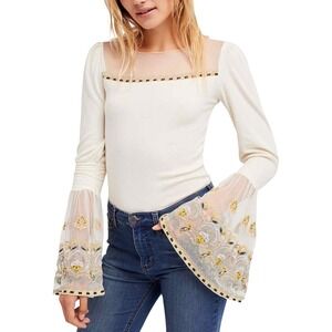Free People‎ Small Top Ivory Embroidered Bell Sleeve Flared Boho Dramatic 696